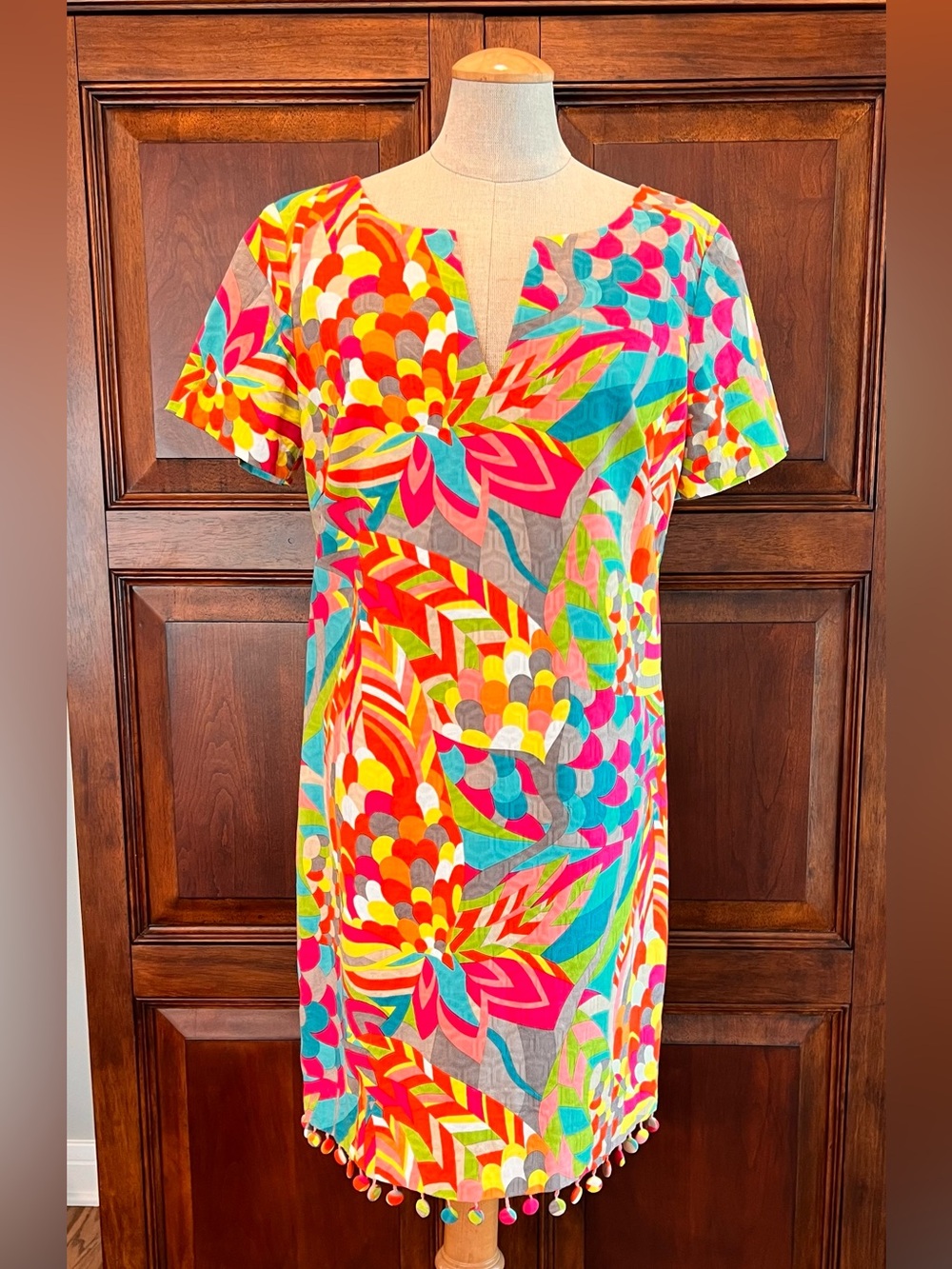 TRINA TURK- Vibrant Multicolor Shift Dress with Pom Trim size 10